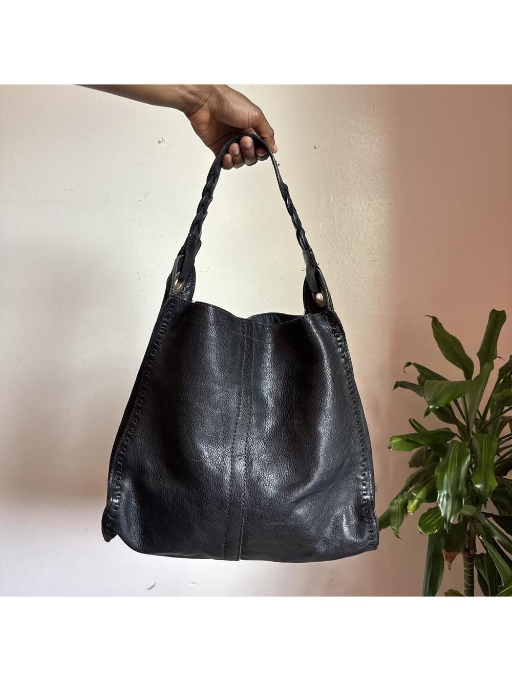 Lucky Brand Black Leather Hobo tote Bag Braided Strap